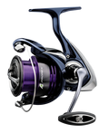 Daiwa Prorex X LT fishing reel featuring a sleek dark blue and purple design with metal handle and spool, ideal for freshwater and musky fishing tackle applications.