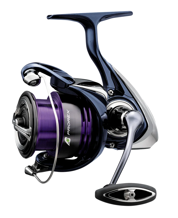 Daiwa Prorex X LT fishing reel featuring a sleek dark blue and purple design with metal handle and spool, ideal for freshwater and musky fishing tackle applications.