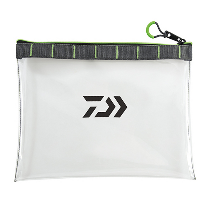 Clear, rectangular Daiwa Tactical View Organizing Bag with black and green zipper and trim, featuring the Daiwa logo centered on the front, designed for fishing tackle organization.