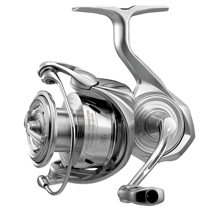 Daiwa Tatula MQLT - 60th Anniversary Limited Edition spinning fishing reel in polished silver finish, featuring ergonomic handle and precision spool for smooth performance.