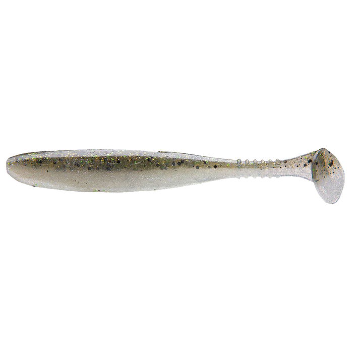 Daiwa Tournament D-Fin fishing lure in translucent silver with dark flecks and a paddle tail designed to attract fish, ideal for fishing tackle enthusiasts.