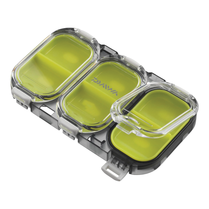 Daiwa Waterproof Utility Boxes featuring three connected compartments with clear hinged lids and lime green interiors, designed for organizing fishing tackle and accessories.