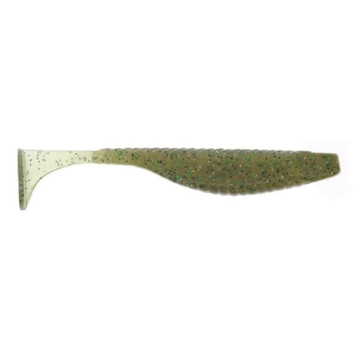 Damiki Armor Shad Paddle Tail in a translucent green color with blue and black flecks, designed as a soft fishing lure for effective movement in water.