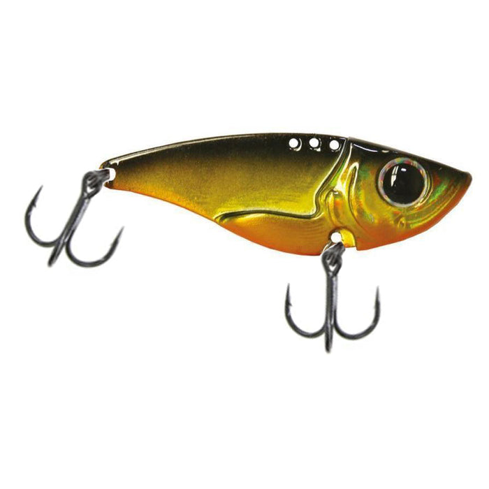 Damiki Vault Blade Bait fishing lure in metallic gold and green tones with detailed eye and two sharp treble hooks designed for effective musky fishing tackle.