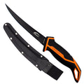 Danco Lunar-1 6" Micro Flex Fillet Knife with a black flexible blade and ergonomic black handle featuring orange accents, shown with a black protective sheath.