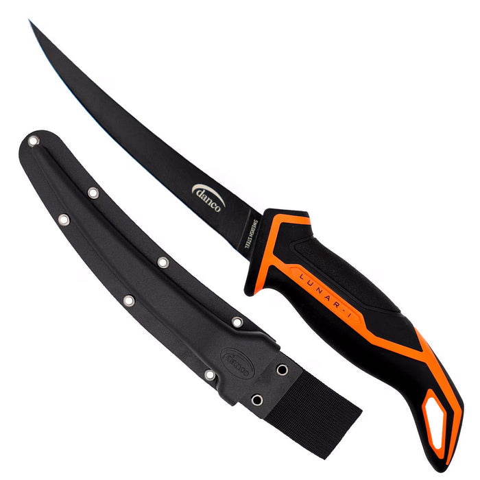Danco Lunar-1 6" Micro Flex Fillet Knife with a black flexible blade and ergonomic black handle featuring orange accents, shown with a black protective sheath.
