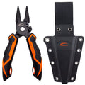 Danco Lunar-1 6.5" Stainless Steel Pliers with black and orange ergonomic handles, accompanied by a black durable sheath with mounting holes and belt loop for fishing tackle use.