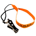 Danco Lunar-1 Aluminum Nipper featuring a black aluminum cutting tool attached to an orange lanyard with black adjustable strap, designed for fishing tackle use.