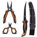 Danco Lunar-1 Launch Pad Kit featuring black and orange fishing pliers, scissors, and a fillet knife with a protective black sheath, designed for fishing tackle and rod maintenance.