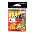 Decoy Worm25 KG Wide Gap Worm Hook package showing five large offset hooks designed for rigging bulkier fishing worms, displayed on branded red and yellow card backing.