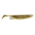 Soft plastic fishing lure in translucent beige with black speckles and a paddle tail, designed for musky fishing, labeled Deps 4" Bumble Shad.