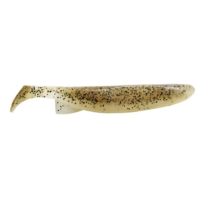 Soft plastic fishing lure in translucent beige with black speckles and a paddle tail, designed for musky fishing, labeled Deps 4" Bumble Shad.