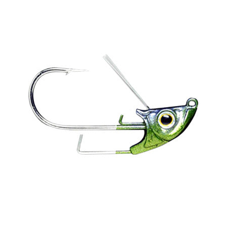 Deps Bumble Head Swimbait Jighead with a detailed green and silver fish-shaped head, single sharp hook, and weed guard, designed for fishing tackle and lure applications.
