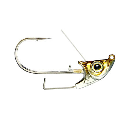 Deps Bumble Head Swimbait Jighead featuring a gold and silver fish-shaped head with a large eye, sharp hook, and weed guard for fishing tackle use.