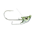 Deps Bumble Head Swimbait Jighead with a realistic green and silver fish head design, sharp hook, and weed guard, ideal for fishing tackle enthusiasts.