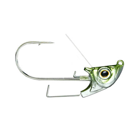 Deps Bumble Head Swimbait Jighead with a realistic green and silver fish head design, sharp hook, and weed guard, ideal for fishing tackle enthusiasts.