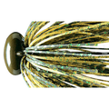 Deps Headlock Jig close up featuring a brown and green glitter skirt with a rounded head for musky fishing tackle and lure presentations