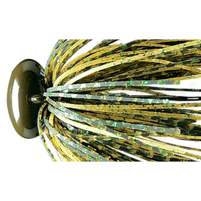 Deps Headlock Jig close up featuring a brown and green glitter skirt with a rounded head for musky fishing tackle and lure presentations