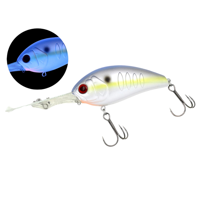 Deps Korrigan Break 800 fishing lure with silver yellow body red eye clear diving bill and treble hooks shown with a blue color detail closeup