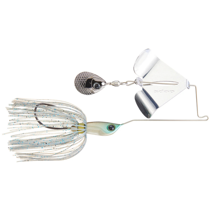 Deps Mad Waver Buzz Bait with a white and silver skirt Colorado blade metal wire frame and realistic eye for surface musky fishing