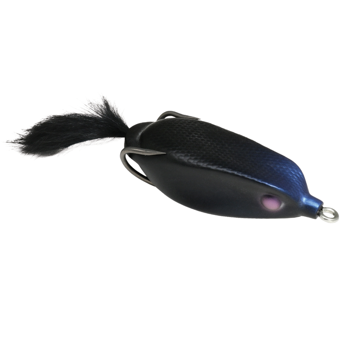 Deps Slither K Hollow Body Frog fishing lure in black with textured body, soft tail, and dual hooks, designed for freshwater fishing tackle.