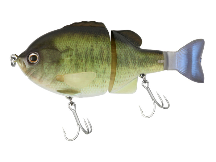 Deps Tiny Bullshooter 100 Glide Bait designed to mimic a small fish with lifelike segmented body, detailed green and brown scale pattern, and two treble hooks for effective fishing tackle use.