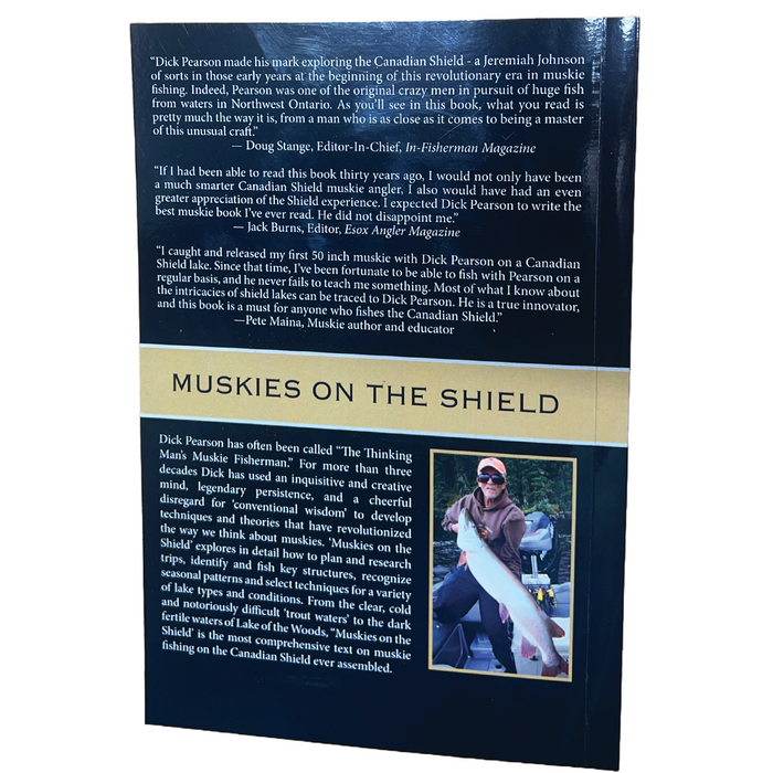 Back cover of the book Dick Pearson - Muskies On The Shield Book featuring detailed text about muskie fishing techniques and a photo of a fisherman holding a large muskie on a boat.