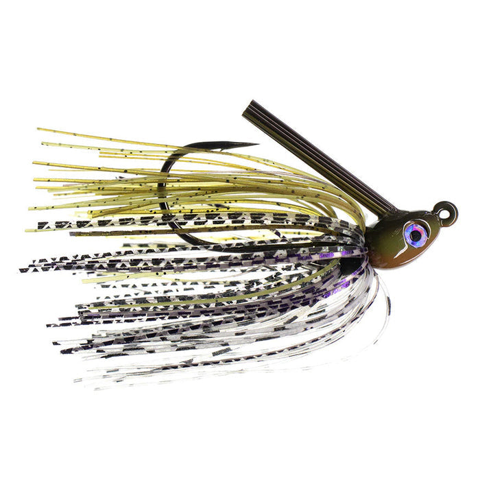 Dirty Jigs Compact Swim Jig with olive green head, realistic eye detail, and multi-colored skirt in shades of yellow, black, and white designed for fishing tackle.