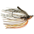 Dirty Jigs Finesse Swim Jig featuring a detailed fish head design with realistic eyes and a multi-strand skirt in shades of brown, orange, and black for effective fishing lure action.