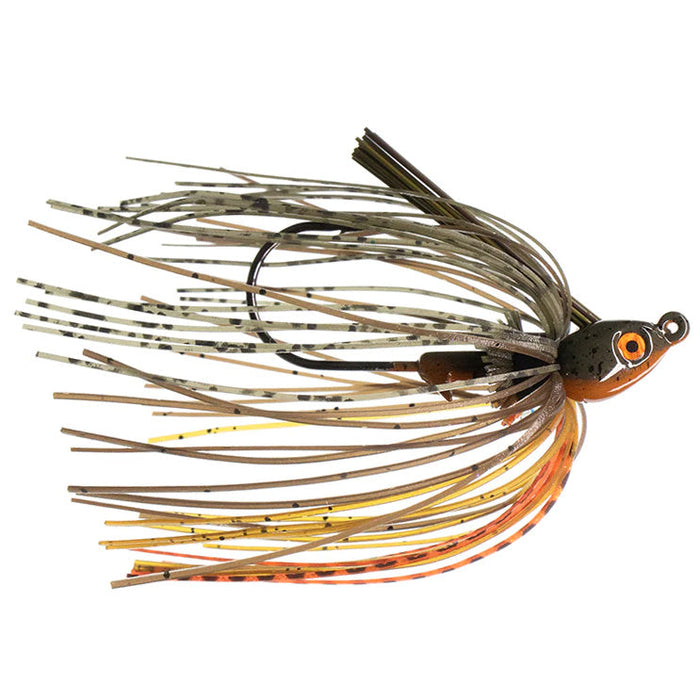 Dirty Jigs Finesse Swim Jig featuring a detailed fish head design with realistic eyes and a multi-strand skirt in shades of brown, orange, and black for effective fishing lure action.