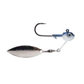 Dirty Jigs Full Size Tactical Bassin' Underspin fishing lure with a metallic silver spinner blade, blue and white fish-shaped head, and a sharp single hook.