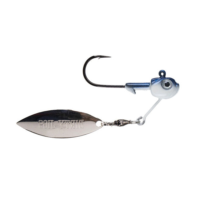 Dirty Jigs Full Size Tactical Bassin' Underspin fishing lure with a metallic silver spinner blade, blue and white fish-shaped head, and a sharp single hook.
