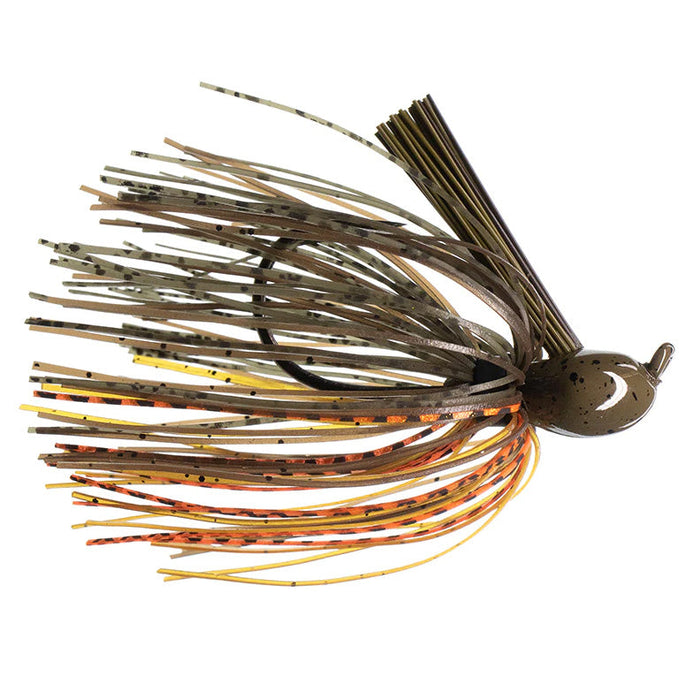 Dirty Jigs Matt Herren Flippin' Jig with multi-colored rubber skirt in shades of brown, orange, and yellow attached to a weighted hook for fishing tackle use.