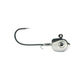 Close-up of a Dirty Jigs Pure Tungsten Guppy Head Jig featuring a shiny silver weighted head with a realistic eye, attached to a sharp fishing hook, designed for fishing tackle use.