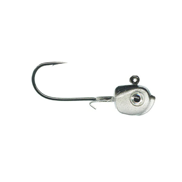 Close-up of a Dirty Jigs Pure Tungsten Guppy Head Jig featuring a shiny silver weighted head with a realistic eye, attached to a sharp fishing hook, designed for fishing tackle use.
