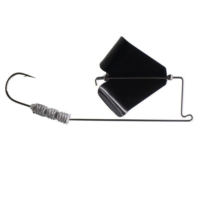Dirty Jigs Scott Canterbury Pro Buzz Series Buzzbait featuring a black metal buzz blade and a single sharp hook with a silver weighted wire wrap for fishing tackle use.