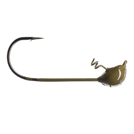 Dirty Jigs Scott Canterbury Shakey Head fishing lure featuring a curved hook and weighted head with a coiled wire for secure bait attachment, designed for fishing tackle use.