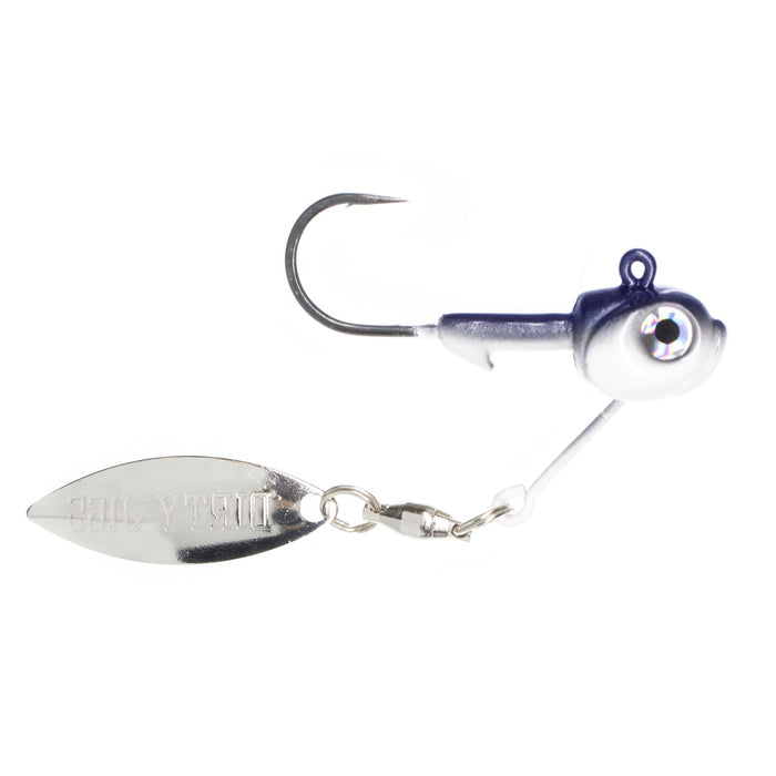 Dirty Jigs Tactical Bassin' Mini Underspin fishing lure with a silver blade, dark blue and white jig head, and a sharp single hook designed for effective fishing tackle use.