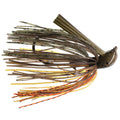 Dirty Jigs Tour Level Pitchin' Jig fishing lure featuring a multi-colored skirt with black speckles designed for musky fishing and precision pitch presentations.