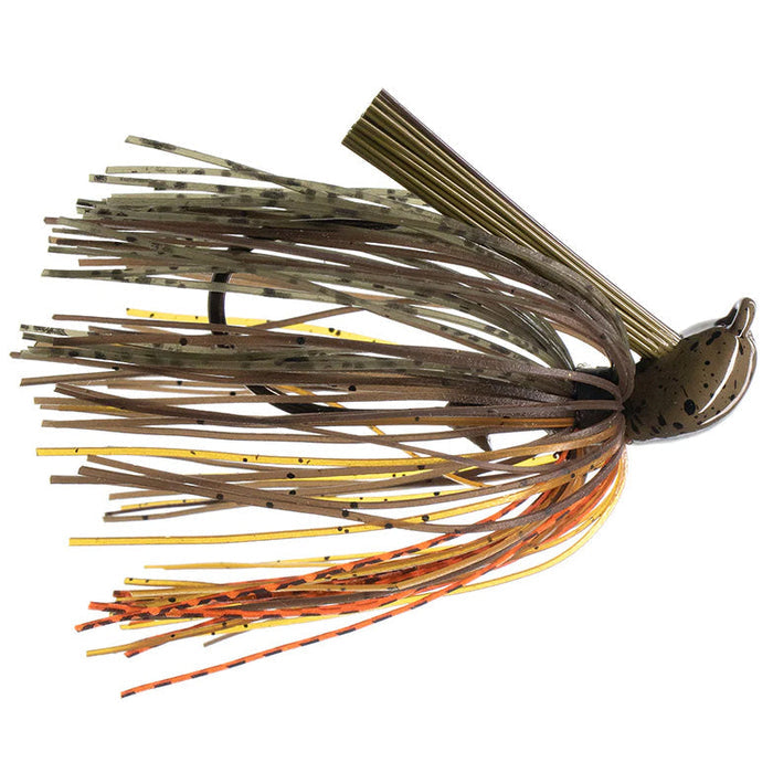 Dirty Jigs Tour Level Pitchin' Jig fishing lure featuring a multi-colored skirt with black speckles designed for musky fishing and precision pitch presentations.