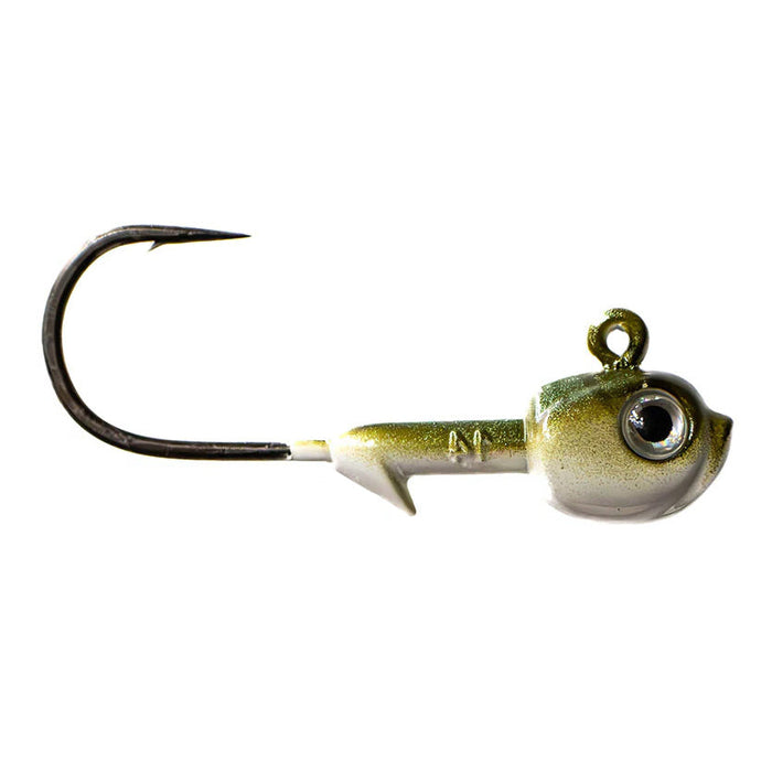 Dirty Jigs Tungsten HD Guppy Head fishing lure with a realistic green and silver finish, featuring a sharp hook and detailed eye for effective fishing tackle.