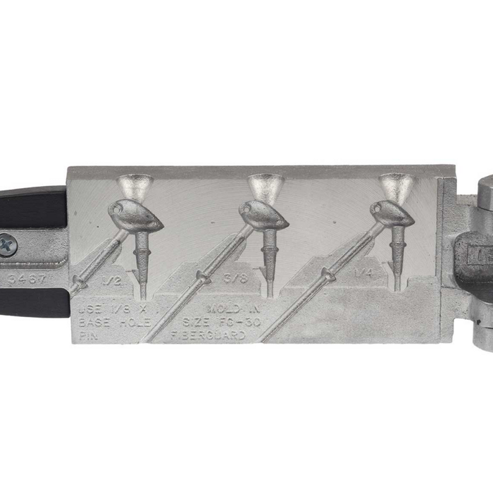 Do-it Molds Brush Jig Mold showing four different size jig head molds with detailed measurements and a metal hinge, used for creating fishing lures in a fishing tackle setting.