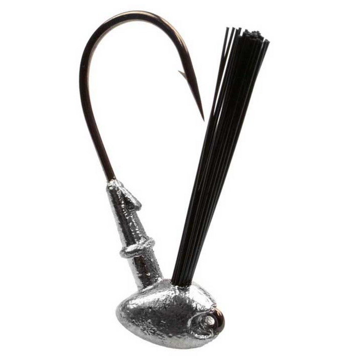 Do-it Molds Brush Jig Mold showing a fishing jig head with a silver weighted body, sharp curved hook, and black weed guard bristles designed for fishing tackle.
