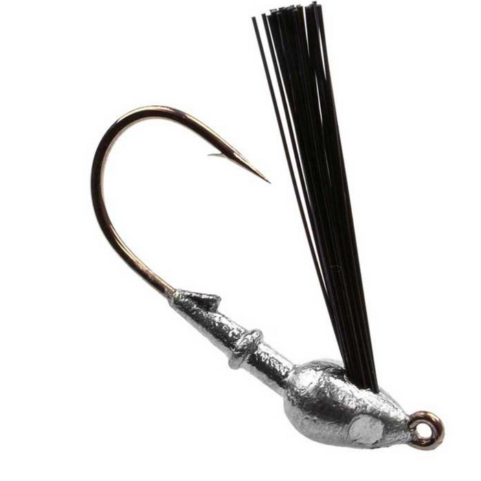 Close-up of a fishing lure with a sharp bronze hook, weighted silver head, and black bristle weed guard, designed using the Do-it Molds Casting Jig Mold for fishing tackle.
