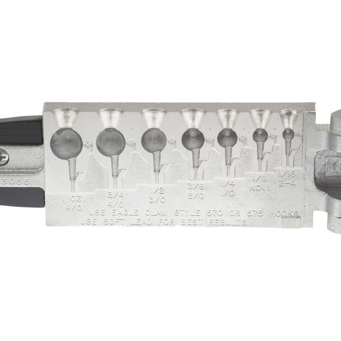 Do-it Molds Football Jig Mold showing multiple cavity sizes for shaping fishing jigs, made of metal with detailed sizing and usage instructions embossed for fishing tackle customization.