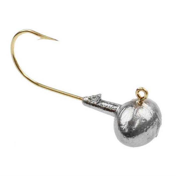 Close-up image of a single fishing jig head featuring a shiny, rounded lead head with an attached gold-colored hook, representing the Do-it Molds Football Jig Mold used for fishing tackle.
