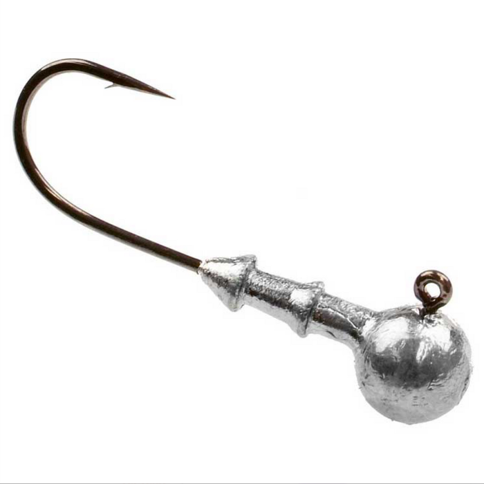 Close-up image of a Do-it Molds Round Head Jig Mold (Gamakatsu Hooks), featuring a sharp metal fishing hook with a textured lead round head designed for fishing tackle and lure applications.