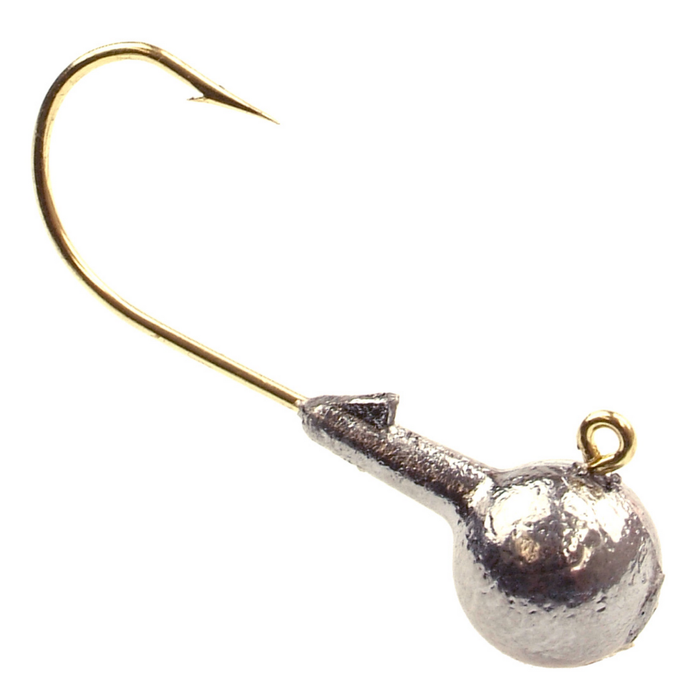 Small silver round head jig with sharp gold hook and eyelet, used for fishing lure making in Do-it Molds Round Head Jig Mold.