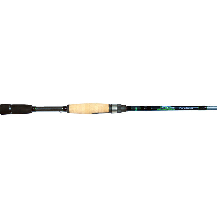 Dobyns Rods Fury Spinning Rods featuring a cork handle and black rod blank designed for precision and durability in fishing tackle applications.
