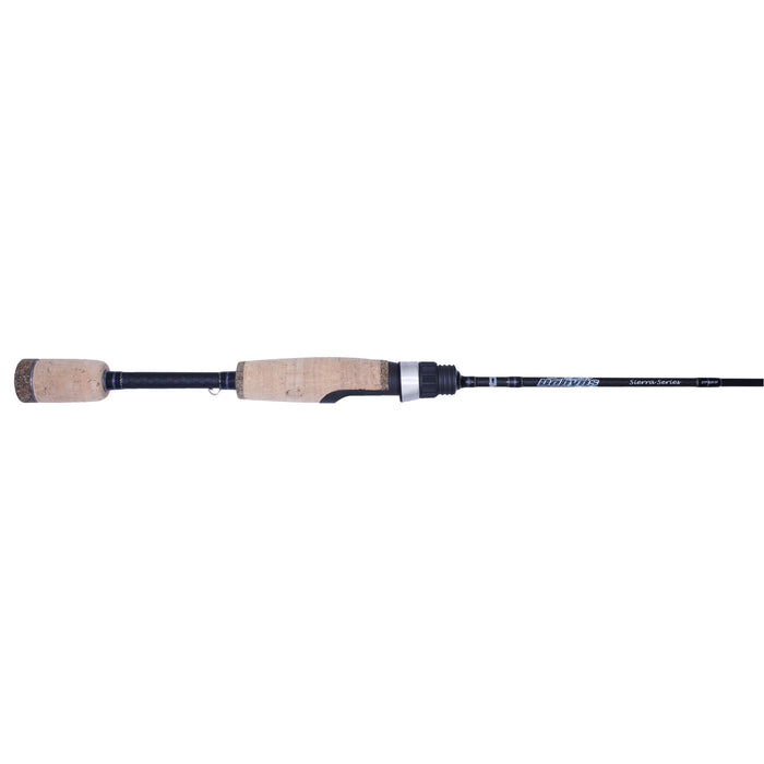 Dobyns Rods Sierra Trout and Panfish Spinning Rods - 1 Piece featuring a cork handle and sleek black rod blank designed for precise and lightweight fishing performance.